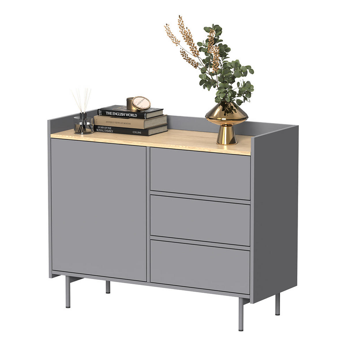 KOMMODE Velina Grau/Eiche 100 x 82 cm mit 3 Schubladen und 1 Tür - Eichefarben/Grau, Holzwerkstoff (100/82/40cm) - Vicco