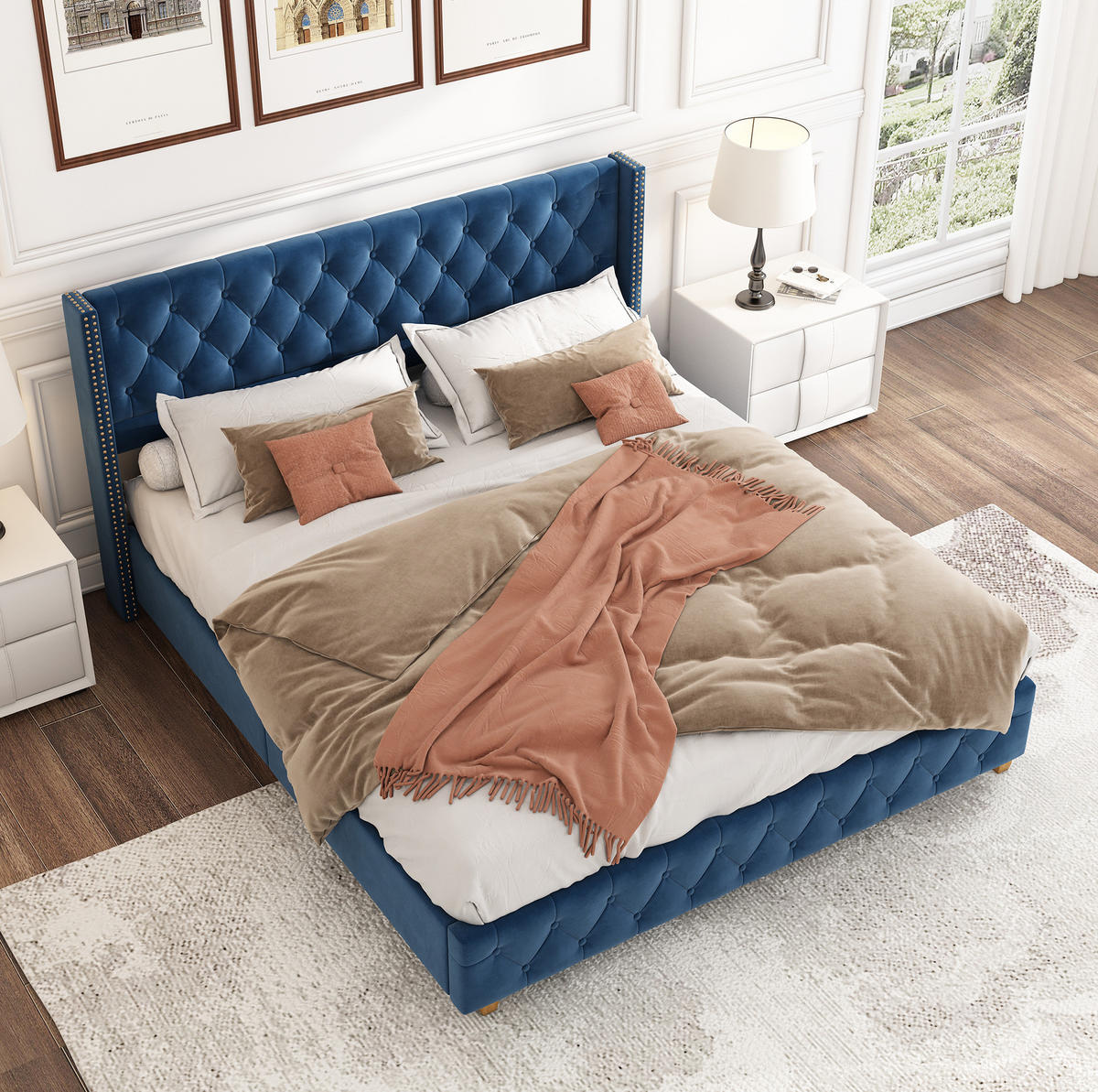 TAPECIRANI krevet 160/200 cm plavi od baršuna s uzglavljem i letvičastom podlogom - plava, tekstil (160/200cm) - OKWISH