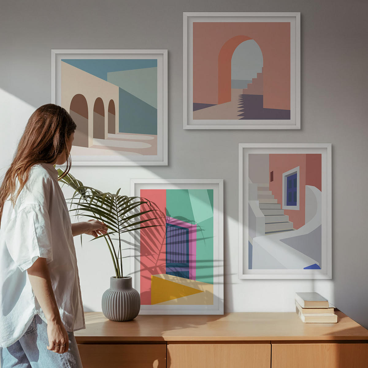 BILDER SET 4er Set - 50x50 cm & 40x60 cm Weißer Rahmen - Farbenfrohe moderne Gebäude - Weiß, Kunststoff (50/50cm) - TULUP