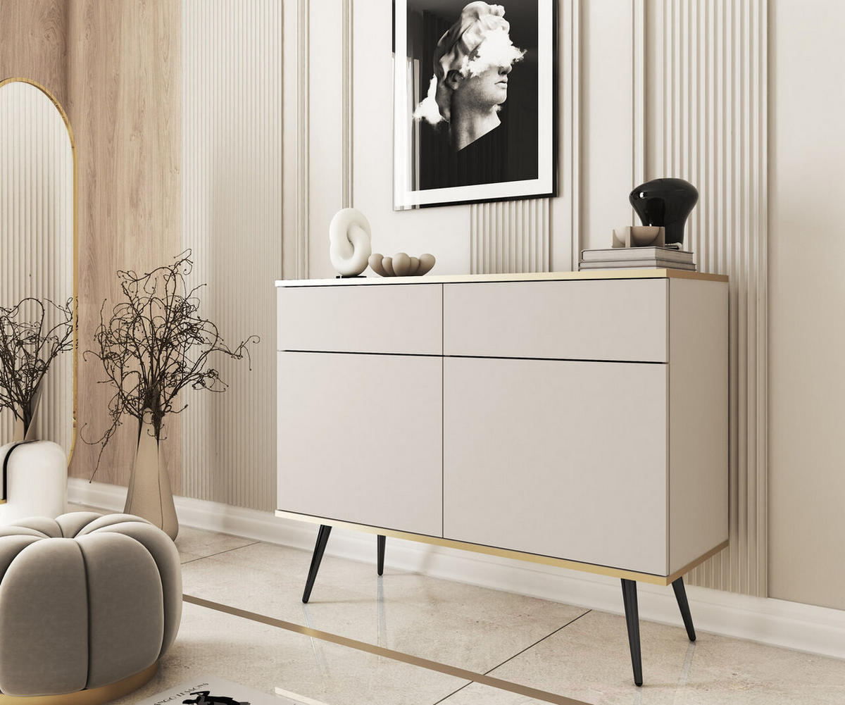 KOMMODE mit Schubladen Rodi - 2 Türen, Beige + Schwarz - Beige/Schwarz, Holz/Metall (107/85/39cm) - Emporius
