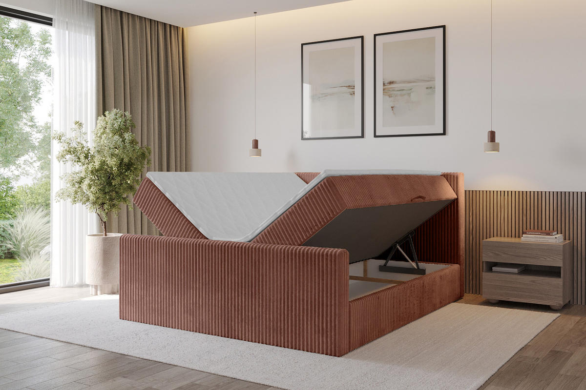 BOXBETT mit Matratze H4 und Lattenrost - TOLO-Z - 120x200 Cord - Ziegelrot - Rostfarben, Holzwerkstoff (120/200cm) - ALTDECOR