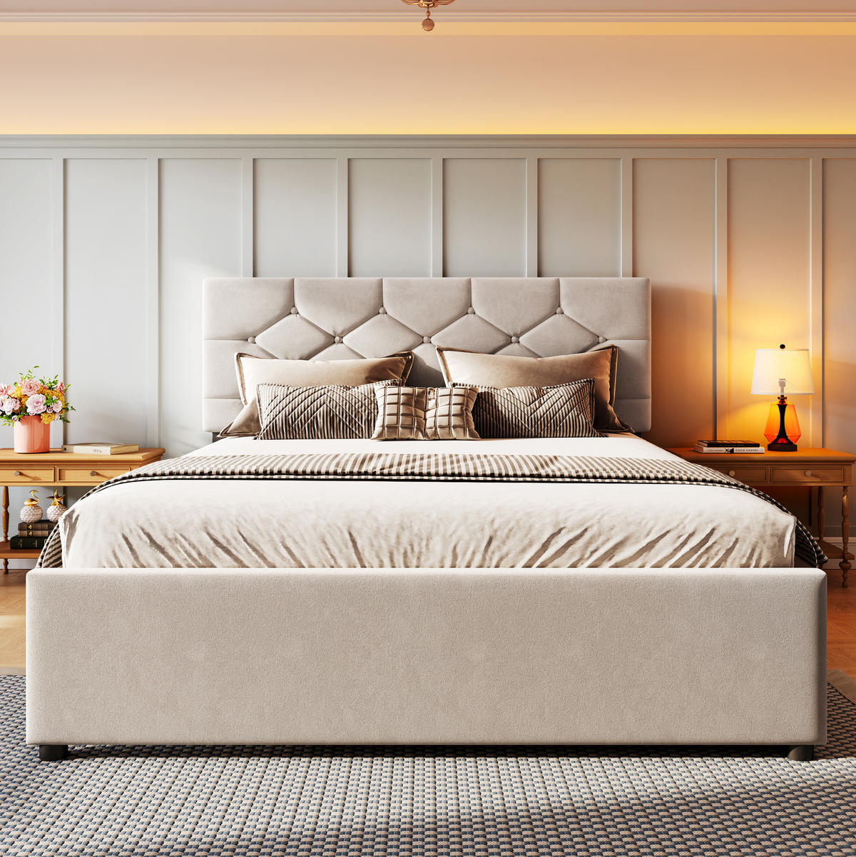 POLSTERBETT 140/200 cm aus Samt und MDF mit Ausziehbett, Beige - Beige, Textil (140/200cm) - OKMYHOME