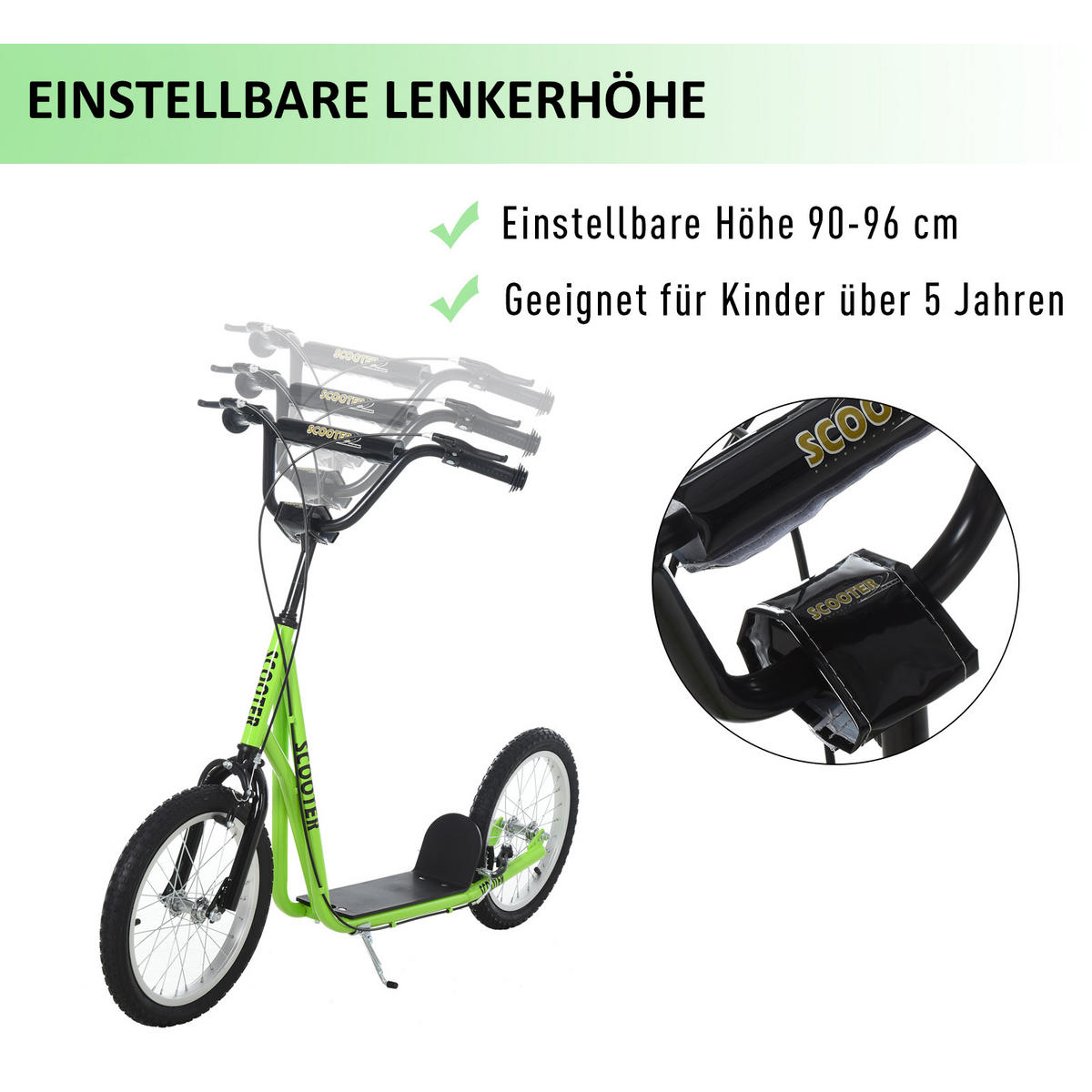 TRETROLLER Scooter Cityroller Kinder Luftreifen Roller verstellbar Alu Grün - Grün, Metall (139/58/96cm) - HOMCOM