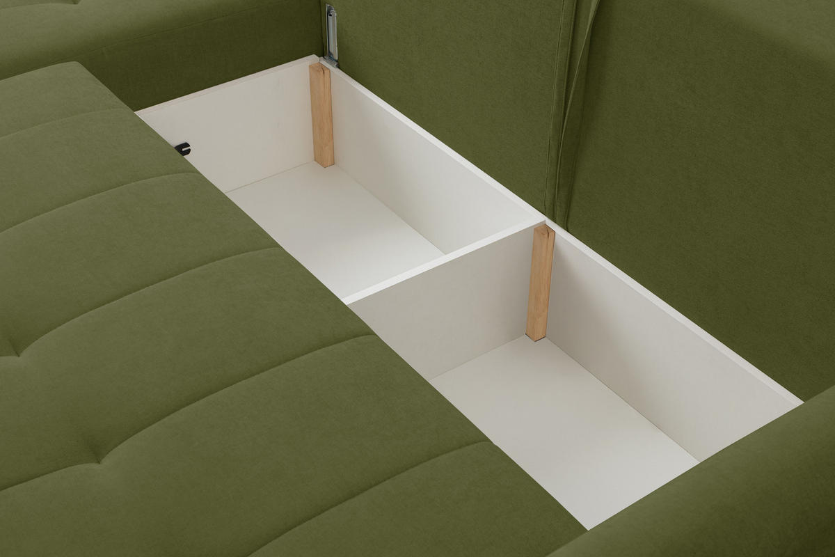 ECKSOFA Primo mit Schlaffunktion und Bettkasten in Cordstoff - Schwarz/Grün, Holz/Holzwerkstoff (245/143cm) - Ravio