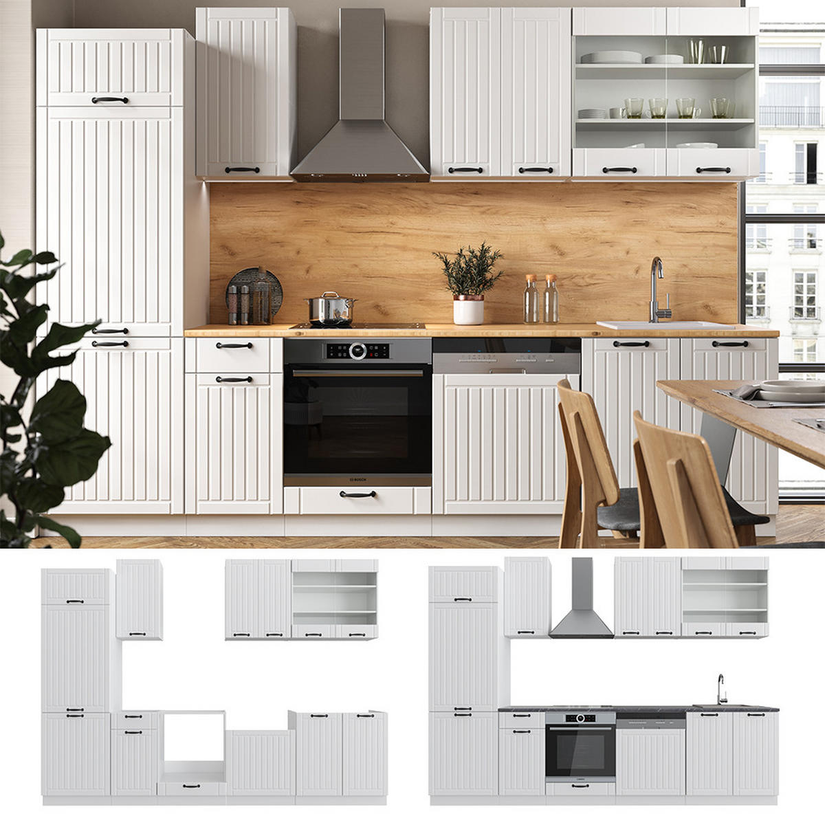KÜCHENZEILE Fame-Line Weiß Landhaus/Weiß 300 cm, AP Marmor - Creme/Weiß, Holzwerkstoff (300/81.6/60cm) - Vicco
