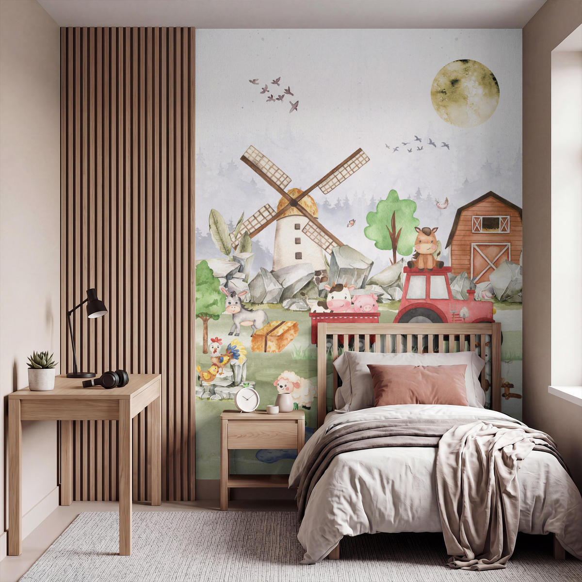 KINDERTAPETE - Bauernhof - Traktor - Kinder - Tiere - 200x280 cm - Weiß, Papier (200/280cm) - OnlyWow