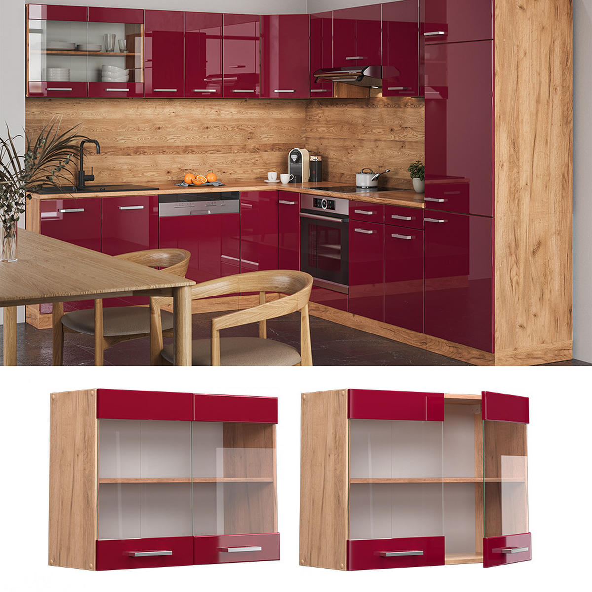 KÜCHENGLASSCHRANK R-Line Rot Hochglanz 80 cm - Honigeiche/Eiche Wotan, Holzwerkstoff (80/60/31cm) - Vicco
