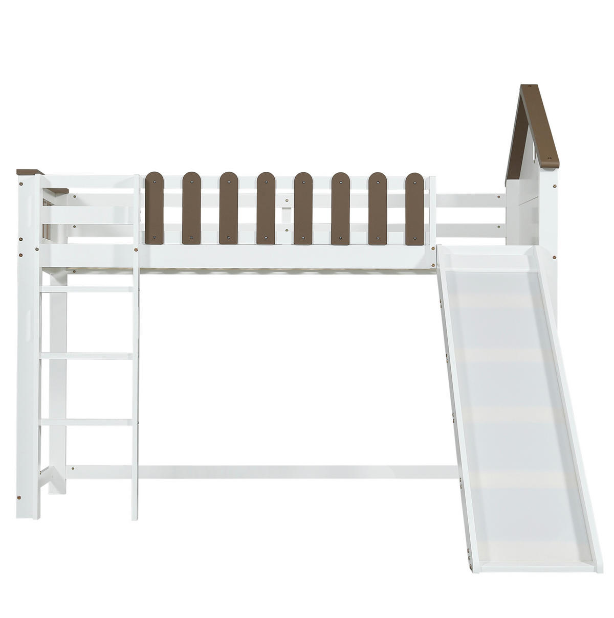 HAUSBETT 90/200 cm Weiß/Walnuss aus Kiefernholz und MDF mit Rutsche - Weiß, Holzwerkstoff (90/200cm) - OKMYHOME