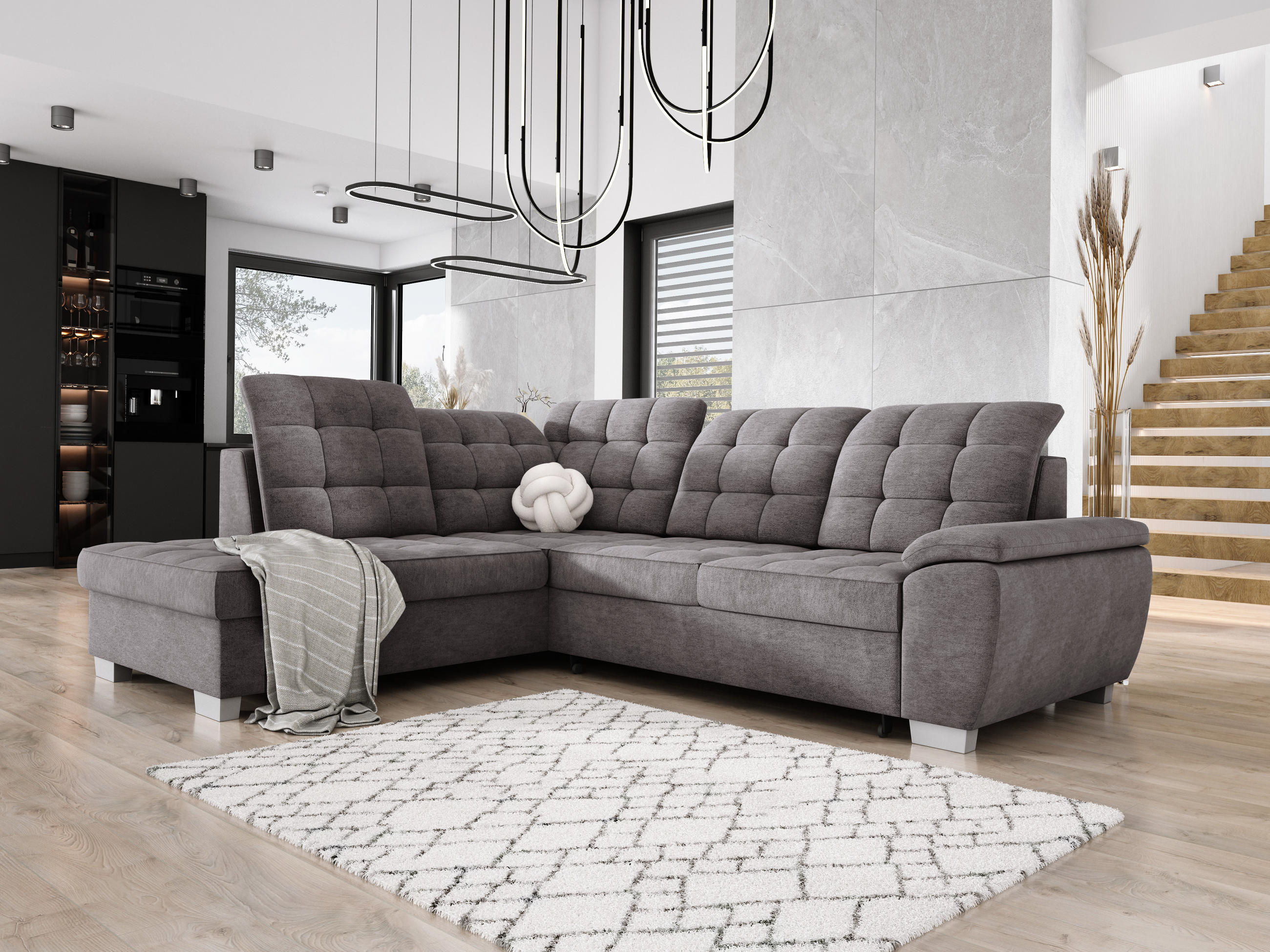 ECKSOFA LOTTA L-förmig Bettkasten verstellbare Kopfstützen hochwertige Verarbeitung lose Rückenkissen freistehend LINKS 212x258x106 cm Light Grey - Hellgrau, Holz/Textil (212/258cm) - DomoHome