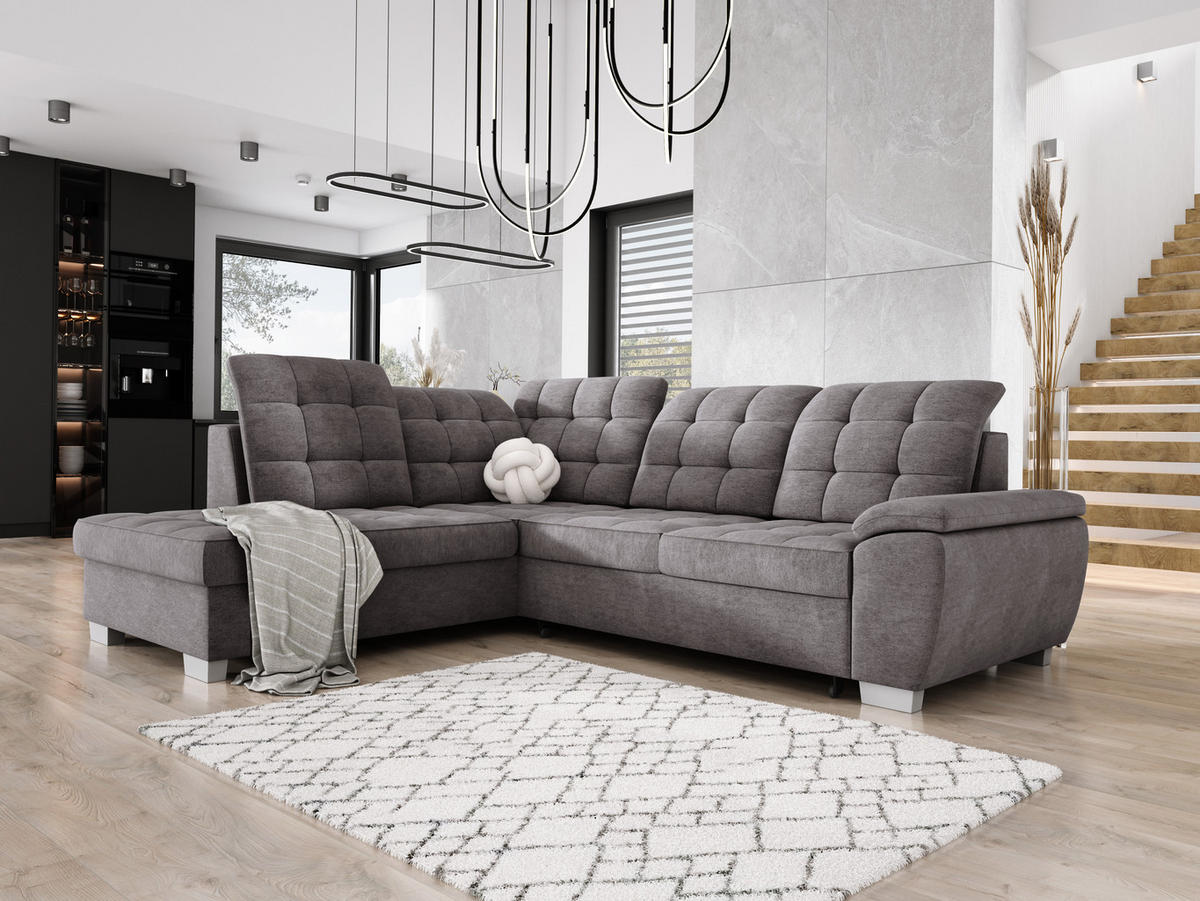 ECKSOFA LOTTA L-förmig Bettkasten verstellbare Kopfstützen hochwertige Verarbeitung lose Rückenkissen freistehend LINKS 212x258x106 cm Light Grey - Hellgrau, Holz/Textil (212/258cm) - DomoHome