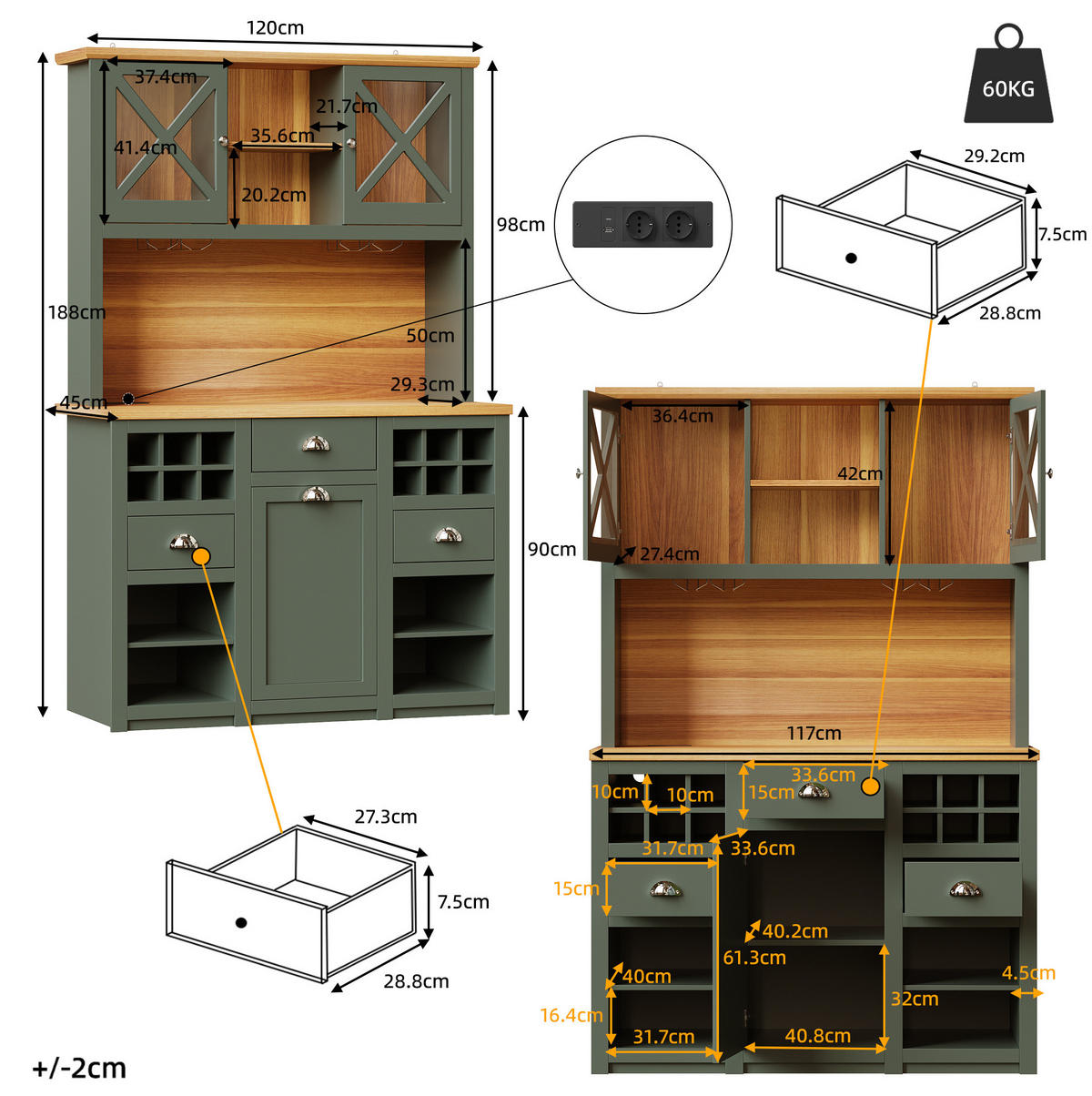 BUFFET 120/45/188 cm antikgrün aus MDF und Glas mit LED - Dunkelgrün, Holzwerkstoff (120/188/45cm) - OKWISH