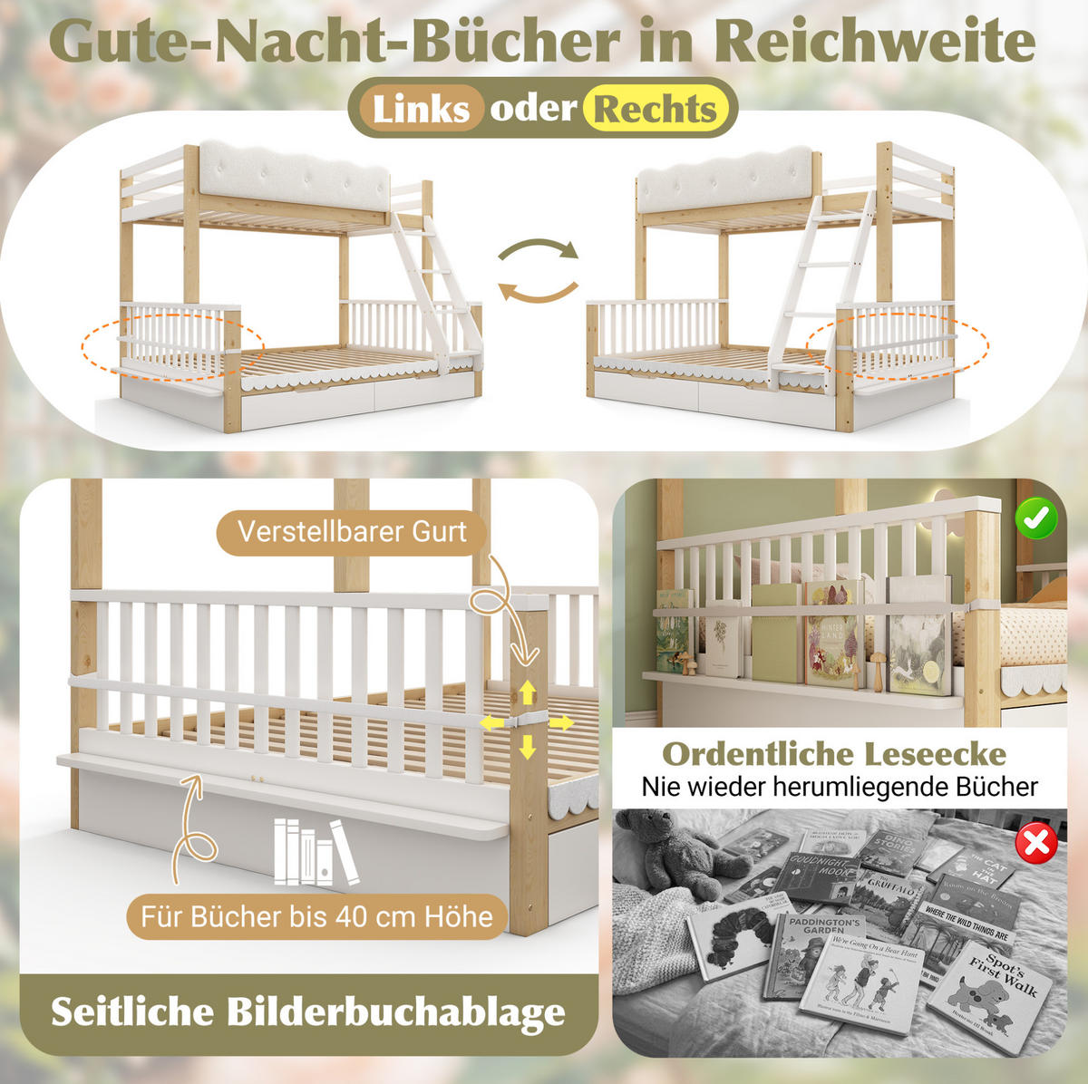 ETAGENBETT 90x200/140x200 cm in Weiß & Eiche mit Schubladen - Eichefarben, Holz (140/200cm) - IVMEU