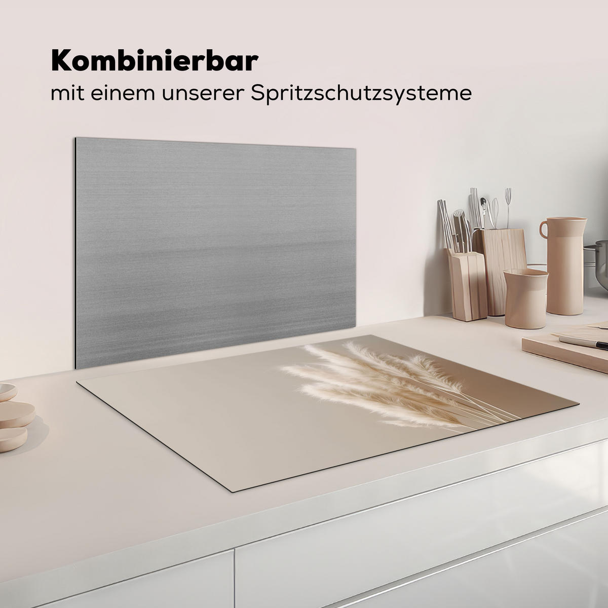 HERDABDECKPLATTE Pampasgras - Federn - Pastell - Weiß Herdabdeckung Induktionsfeld 75x52 cm - Creme, Kunststoff (75/52/0.2cm) - MuchoWow