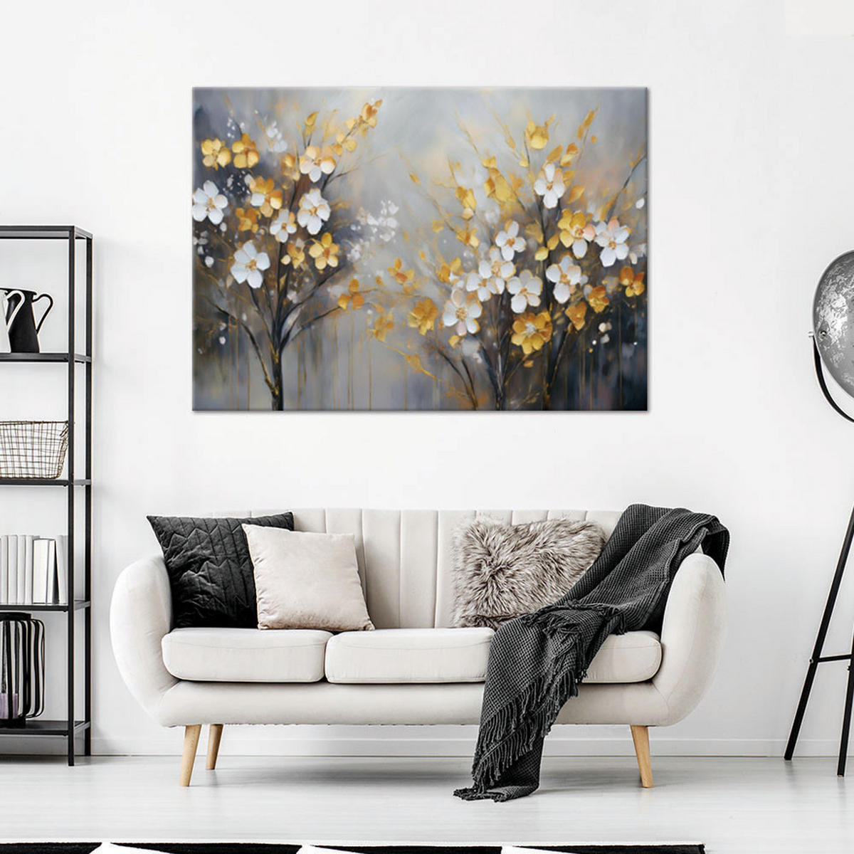 WANDBILD abstrakter baum mit goldenen blumen - Grau, Textil (60/40cm) - Feeby