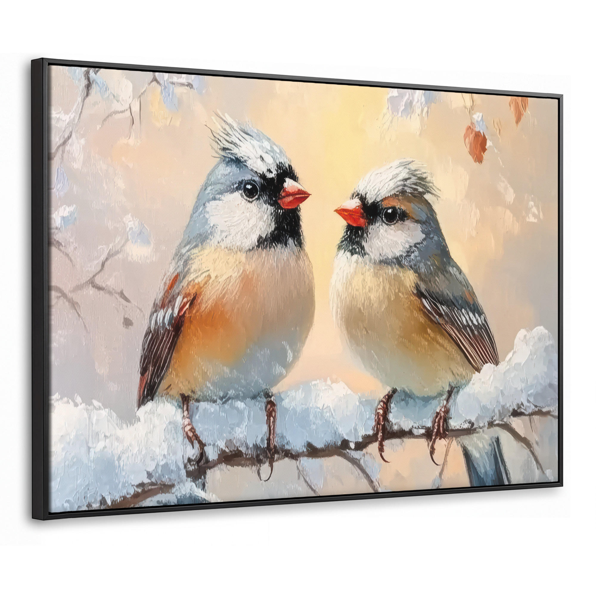 LEINWAND Bilder mit Rahmen - Vögel - Zweig - Winter - Schnee - 100x70 - Pastellblau, Textil (100/70cm) - MuchoWow