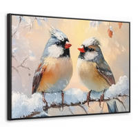 LEINWAND Bilder mit Rahmen - Vögel - Zweig - Winter - Schnee - 70x50 - Pastellblau, Textil (70/50cm) - MuchoWow