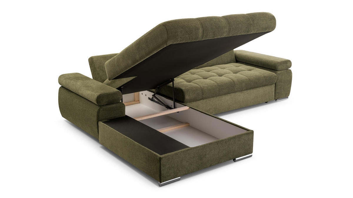 ECKSOFA SANDRO Grün Geflochtener Stoff mit Schlaffunktion - Grün, Holz (277/201cm) - MASSENO