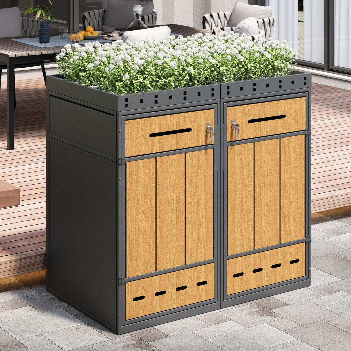 MÜLLTONNENBOX aus Stahl in Grau Holzoptik mit Pflanzdach & Abfalltrennung - Grau, Metall (132/124/80cm) - Modfu