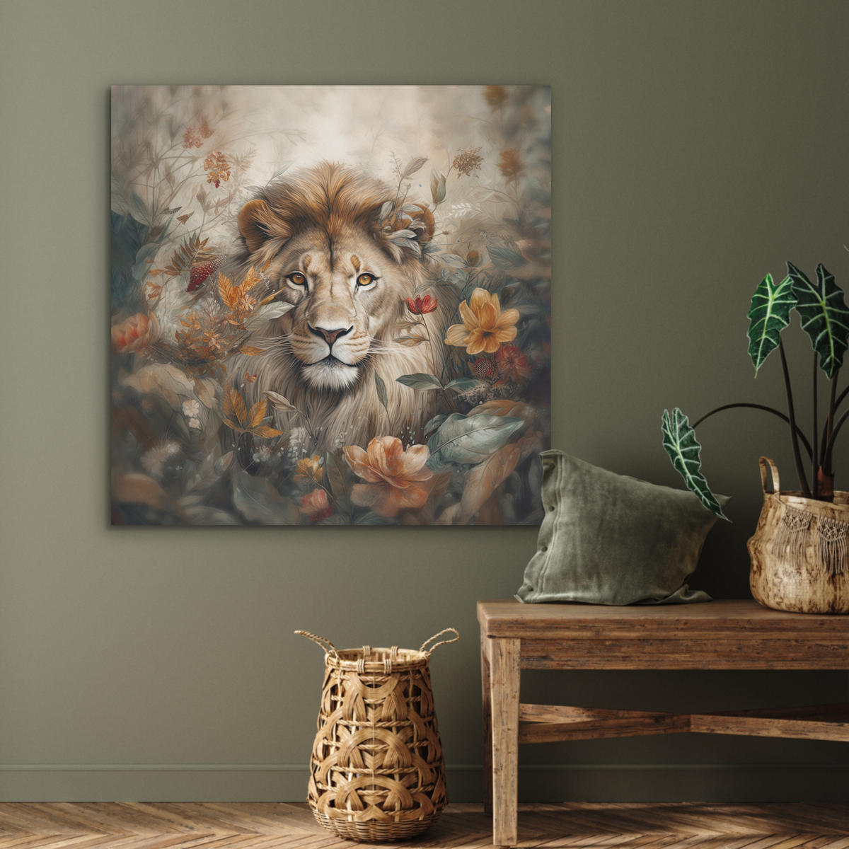 AKUSTIKPANEEL Löwe - Wildtiere - Pflanzen - Natur - Blumen 90x90 cm - Beige, Textil (90/0.9/90cm) - MuchoWow