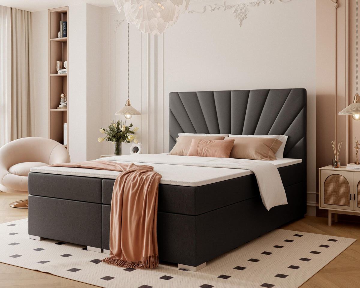 BOXBETT OASIS 140/200 cm mit Matratze und Topper, Schwarz - Chromfarben/Schwarz, Textil/Metall (140/200cm) - Idohome