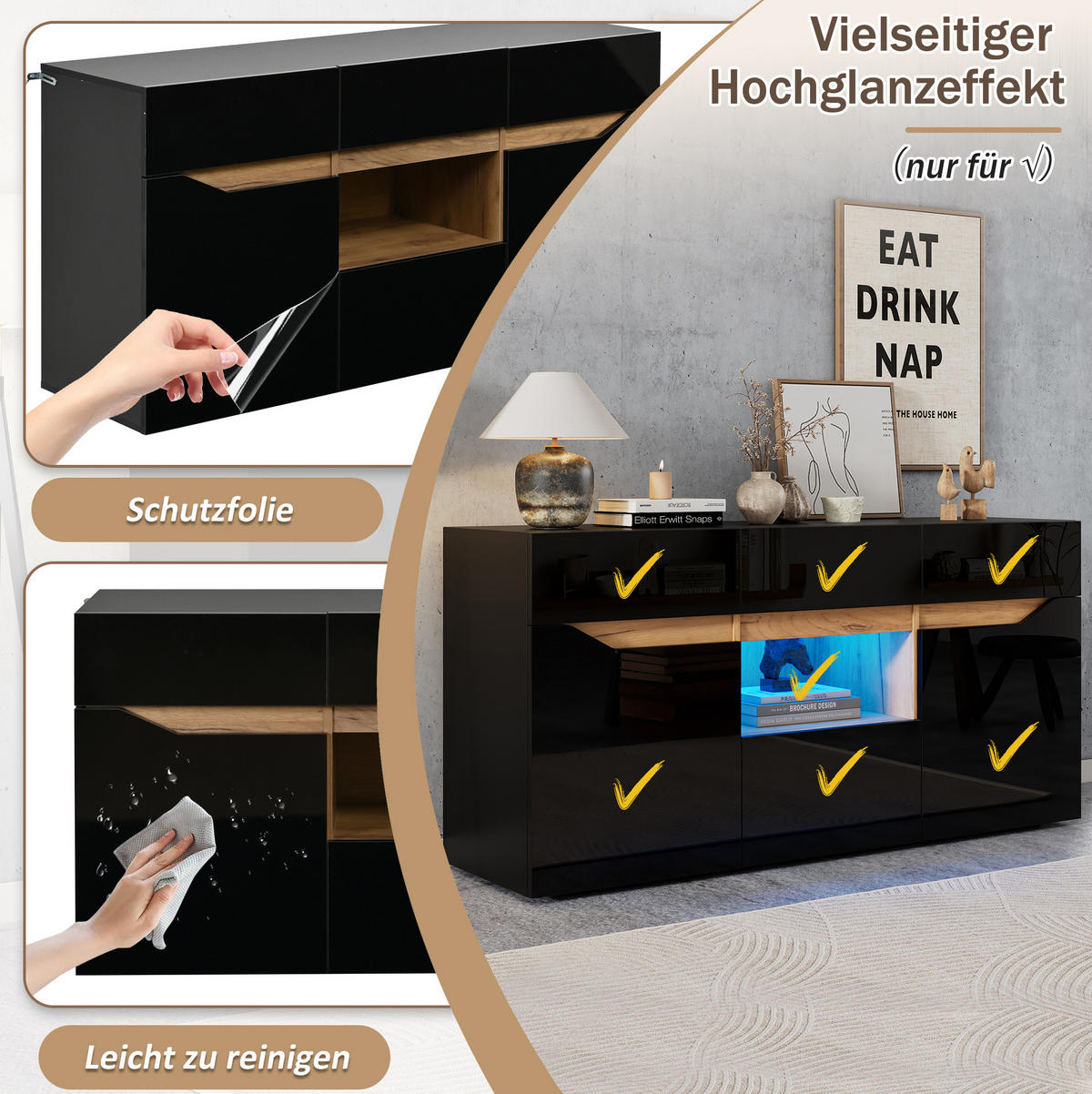 SIDEBOARD 140/40/70 cm mit LED-Beleuchtung, 4 Schubladen und 2 Türen, Hochglanz-Front, Schwarz/Naturholz - Schwarz, Holzwerkstoff (140/70/40cm) - Redom