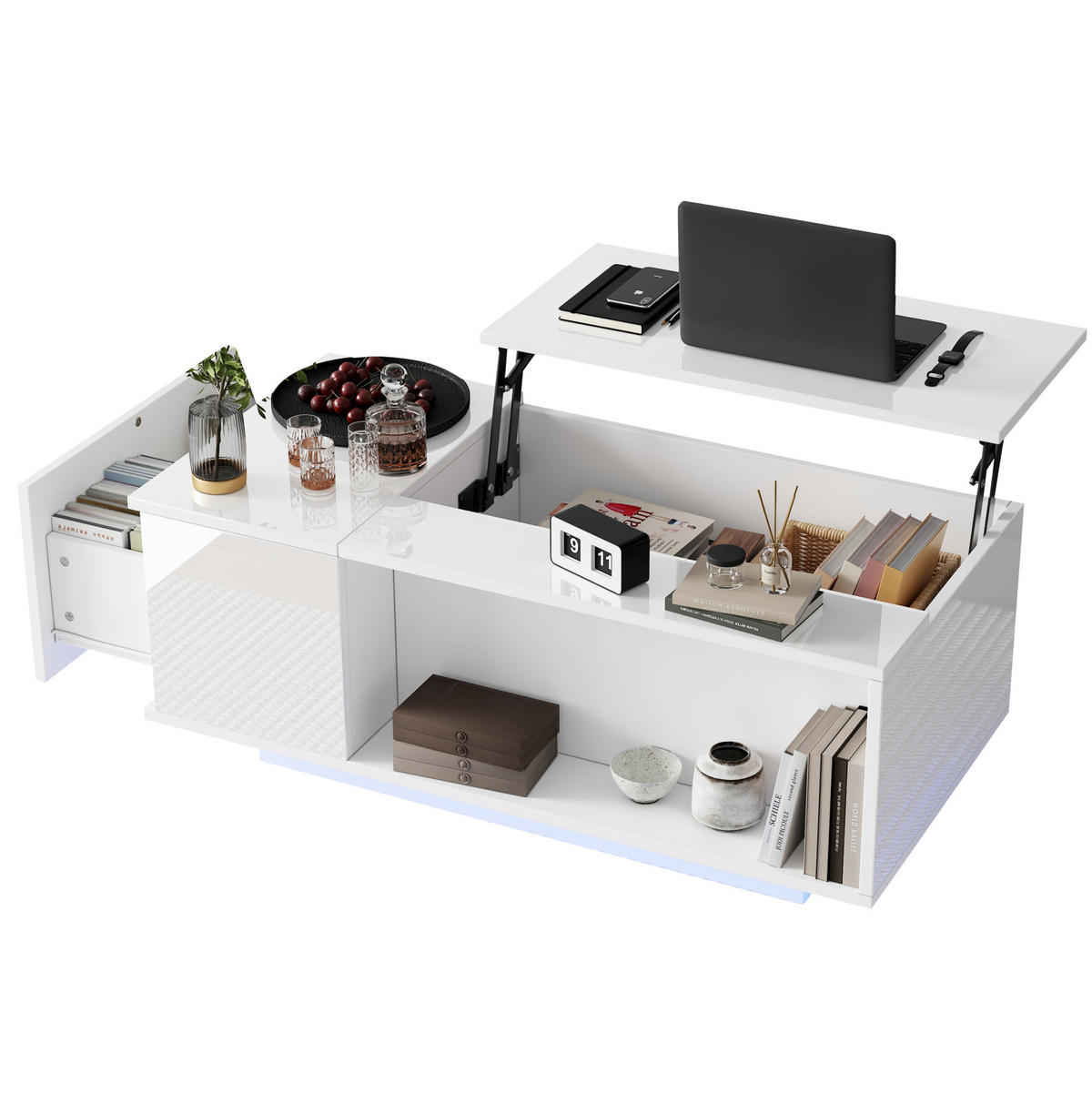 KONFERENČNÍ stolek, 100/50/40 cm bílý, výškově nastavitelný s úložným prostorem a LED - bílá, kompozitní dřevo (100/50/40cm) - BEAOK