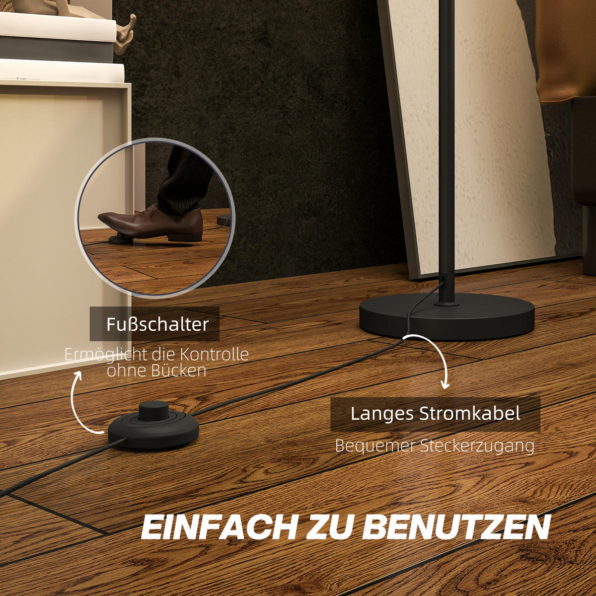 STEHLAMPE, Stehleuchte mit Lampenschirm aus Stoff, E27 Fassung Weiß - Schwarz, Metall (22/22/163cm) - HOMCOM