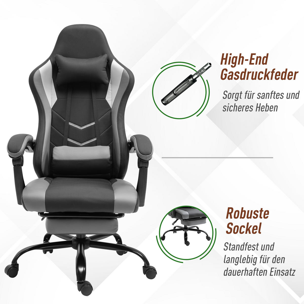 ERGONOMISCHER, Gaming Stuhl, Schwarz - Schwarz, Leder (52/128/62cm) - Vinsetto