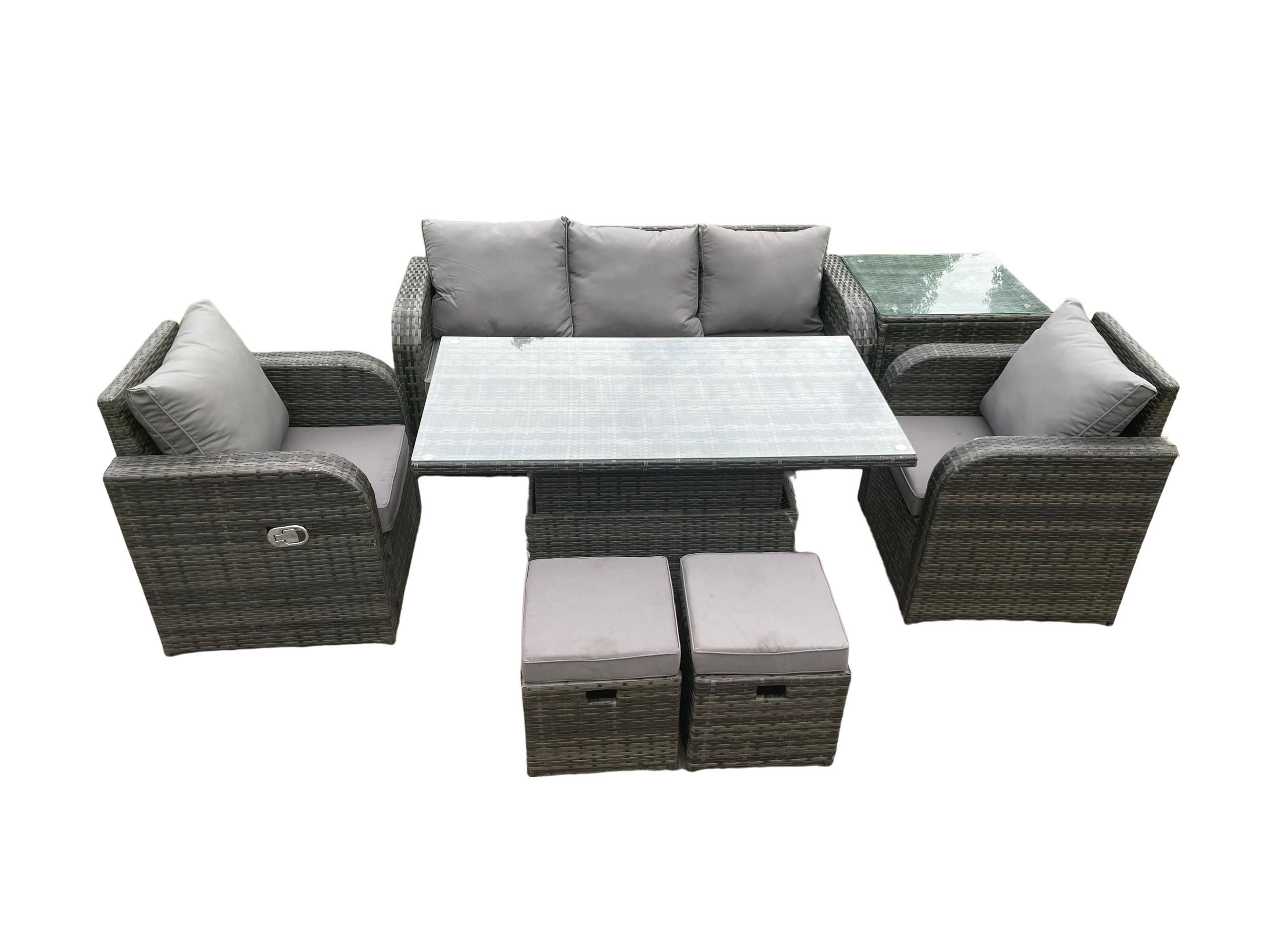 LOUNGESOFA Polyrattan 7-Sitzer - Dunkelgrau/Grau, Glas/Kunststoff - Fimous