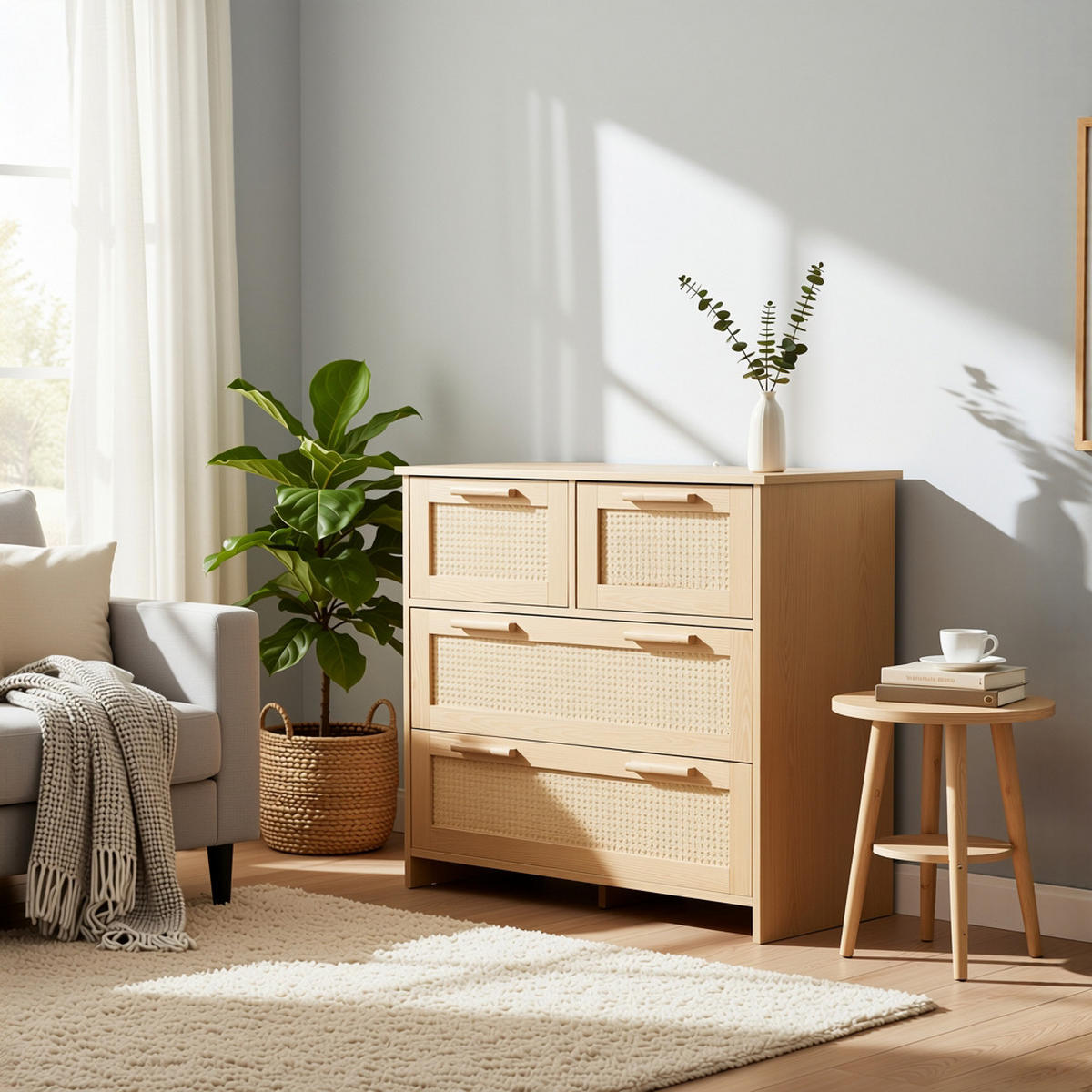 SIDEBOARD Rattan kommode mit 4 Schubladen & Massivholz Griffen - Eichefarben, Naturmaterialien/Holzwerkstoff (80/80/38cm) - Urban Meuble