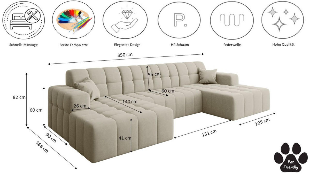 ECKSOFA U-Form Nimes Stoff Portland Ecru - Ecru, Holz/Textil (168/350cm) - Kaiser Möbel