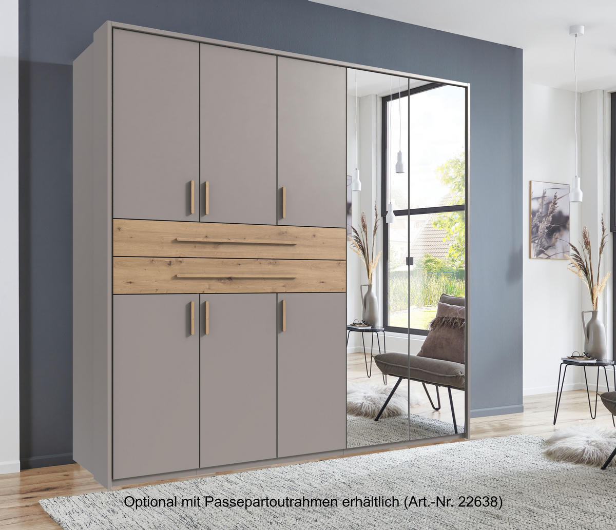 SKŘÍŇ S OTOČNÝMI DVEŘMI B225/H208/T58 cm, pískově šedá, šatní skříň se 2 zrcadlovými dveřmi, 2 zásuvkami a úchytkami v dekoru dub Artisan / 22635 - písková barva/dub artisan, kompozitní dřevo/plast (225/208/58cm) - luma-home