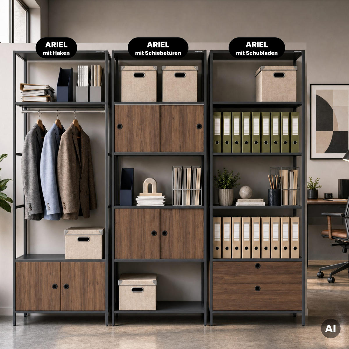 OFFENES Büroregal ARIEL 80 × 220 × 40 cm - Anthrazit/Nussbaumfarben, Metall (80/220/40cm)
