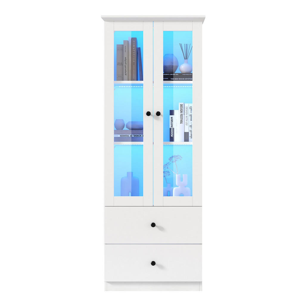 Modfu VITRÍNA z MDF a dřevotřísky 60x165x35,5 cm bílá s LED, USB, skleněnými dvířky a 2 zásuvkami