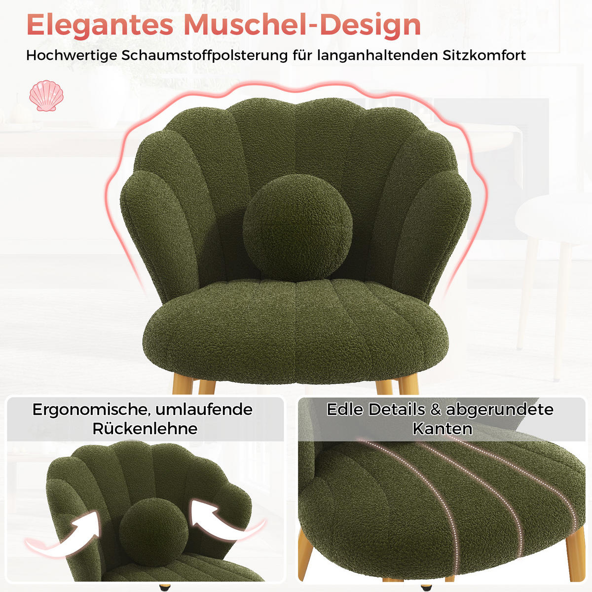 STUHL-SET 2 Stück Muschel-Design, DE-42124, Grün - Grün, Holzwerkstoff (62.5/83/60cm) - ComfortXL