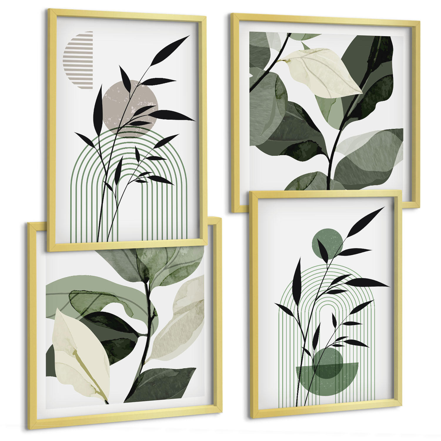 BILDER SET 4er Set - 50x50 cm & 40x60 cm Goldrahmen - Boho-Pflanzenkompositionen - Goldfarben, Kunststoff (50/50cm) - TULUP