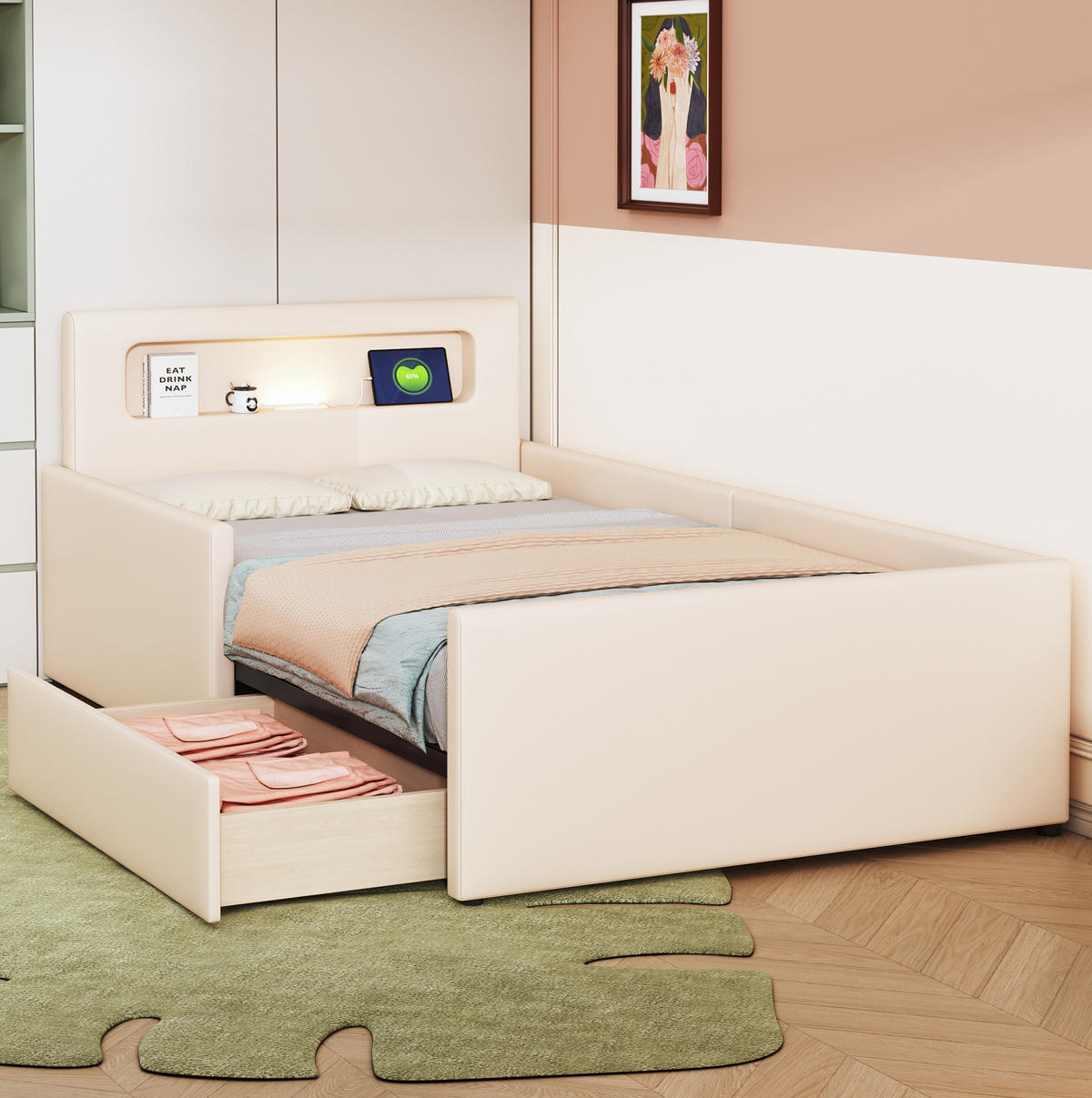 KINDERBETT 90/200 cm in Beige mit LED-Beleuchtung, USB-Anschluss und Stauraum - Beige, Textil (90/200cm) - Flora Grace