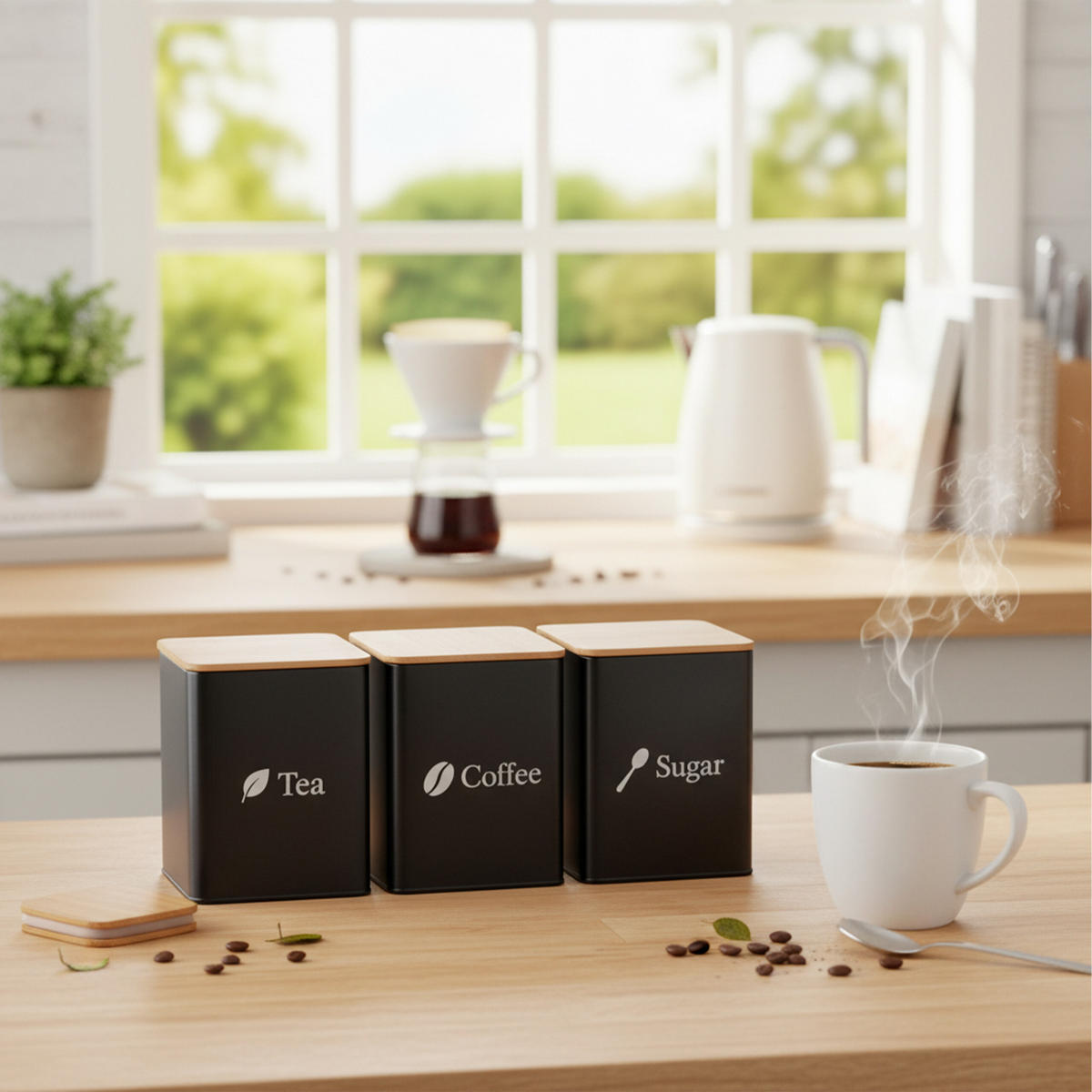 3XDÓZY na potraviny - černá, kov/dřevo - Relaxdays