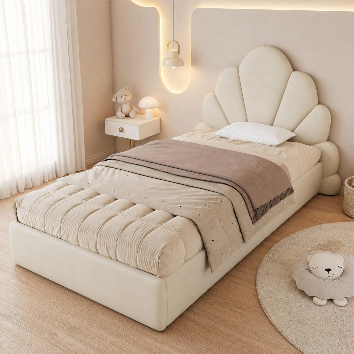 POLSTERBETT 90/200 mit geschwungenem Blütenkopfteil, weichem Samtbezug und Anti-Rutsch-Elementen in Beige - Beige, Holzwerkstoff/Textil (90/200cm) - EVRYAE