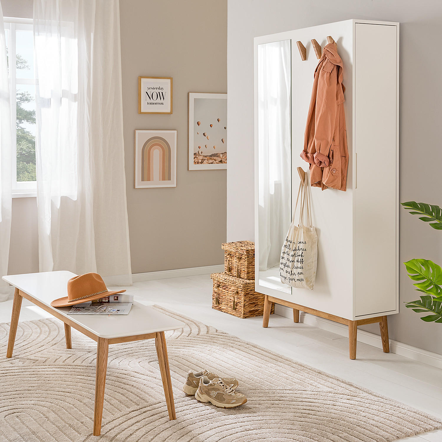 GARDEROBENSCHRANK mit Spiegel - Weiß / Eiche - Eichefarben/Weiß, Holzwerkstoff (100/190/34cm) - home24