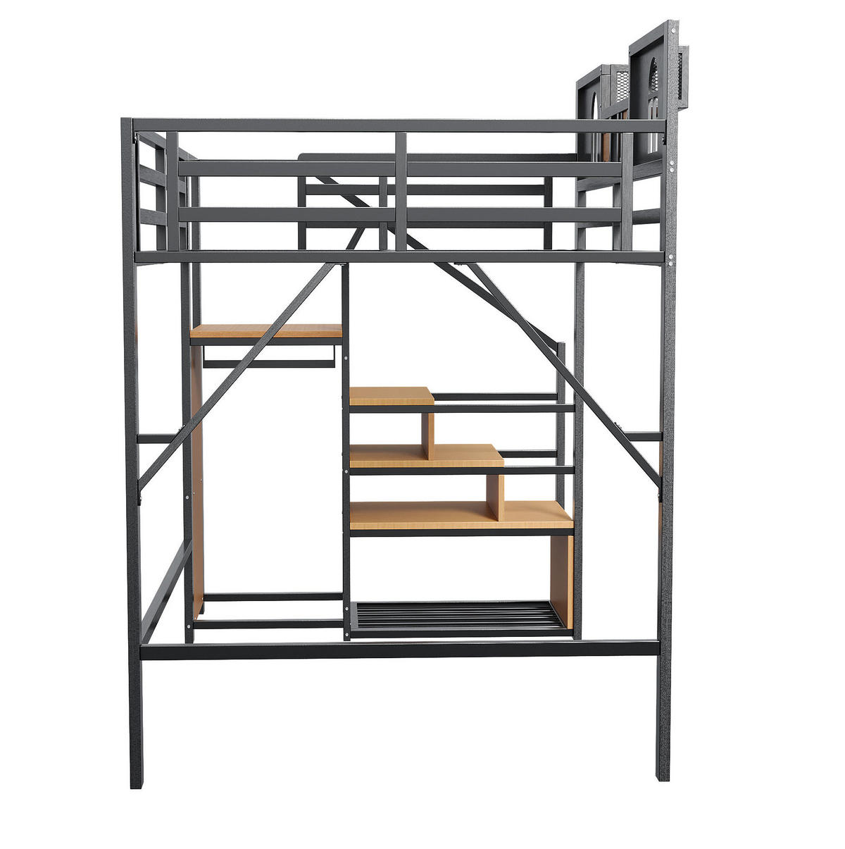 HOCHBETT aus Metall und MDF 140x200 cm Schwarz mit Stauraumleiter, Ablage und hohem Bettgitter - Schwarz, Metall (140/200cm) - Modfu