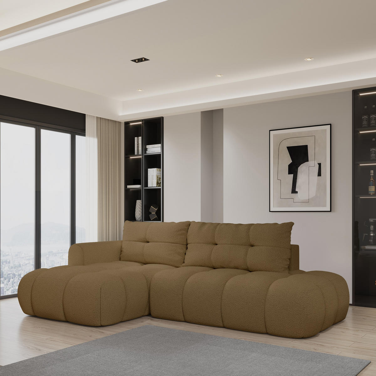 ECKSOFA FLUMA L-S Orange Boucle-Stoff mit Schlaffunktion - Orange, Holz (274/165cm) - MASSENO