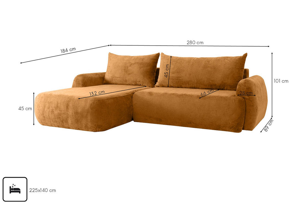 ECKSOFA Mit Schlaffunktion Und Bettkasten, Chenille-Stoff Perfecto, Honigfarbe, Links, HELA II - Honig, Holz (280/184cm) - Kaiser Möbel