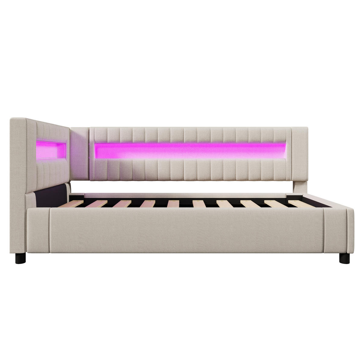 POLSTERBETT 90/200 cm Beige mit Stauraum mit LED-Beleuchtung aus Leinen - Beige, Textil (90/200cm) - OKWISH