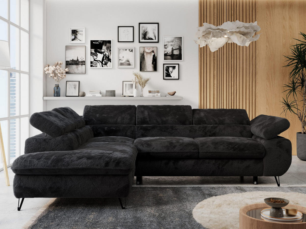 ECKSOFA PETER L Schwarz Plüsch - Links Seite - Schwarz, Textil/Metall (208/273cm) - MKS