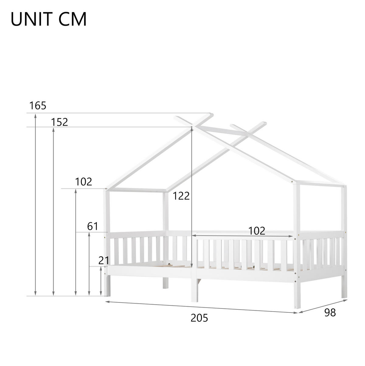 HAUSBETT 90/200 cm in Weiß – mit Satteldach, Zaun und Liegefläche 90/200 cm - Weiß, Holz (90/200cm) - BEAOK