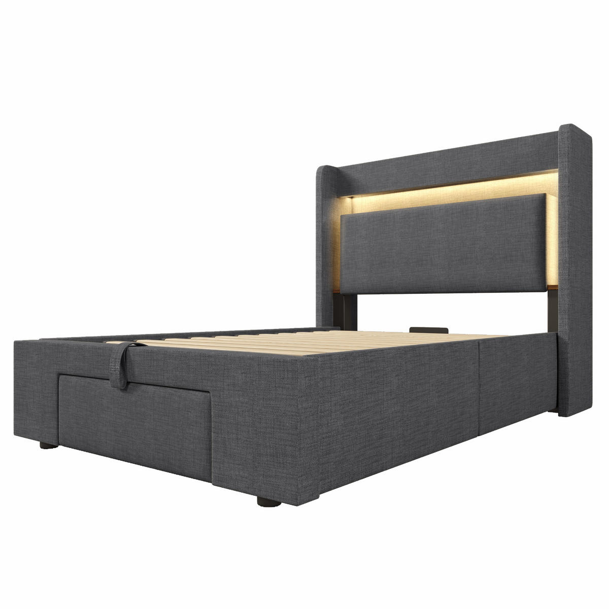 POLSTERBETT aus Leinen 90x200 cm in Grau mit LED & USB-C-Ladefunktion - Grau, Textil (90/200cm) - Modfu