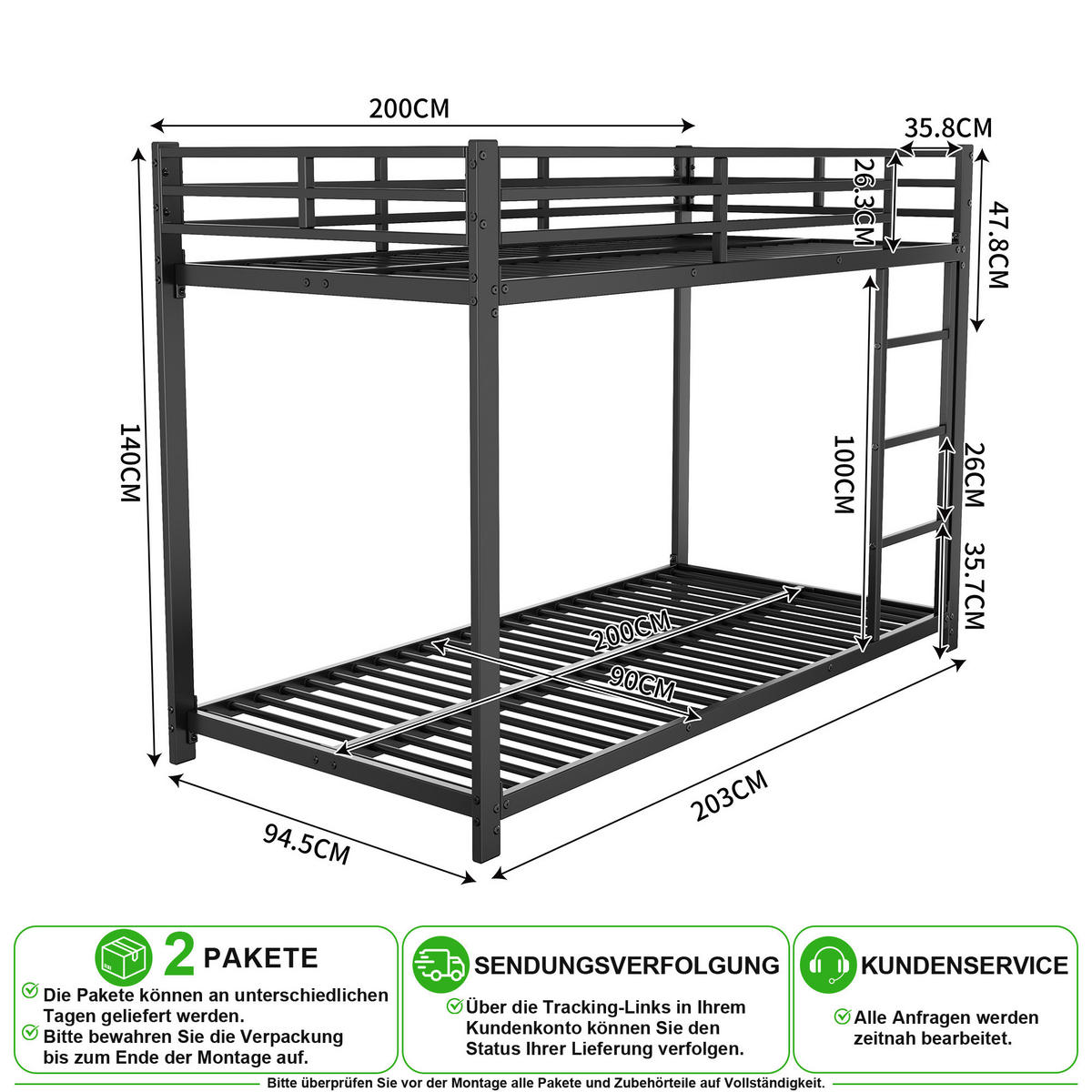 ETAGENBETT 90/200 cm in Schwarz mit Sicherheitsleisten und Metallrahmen - Schwarz, Metall (90/200cm) - CHICFURN