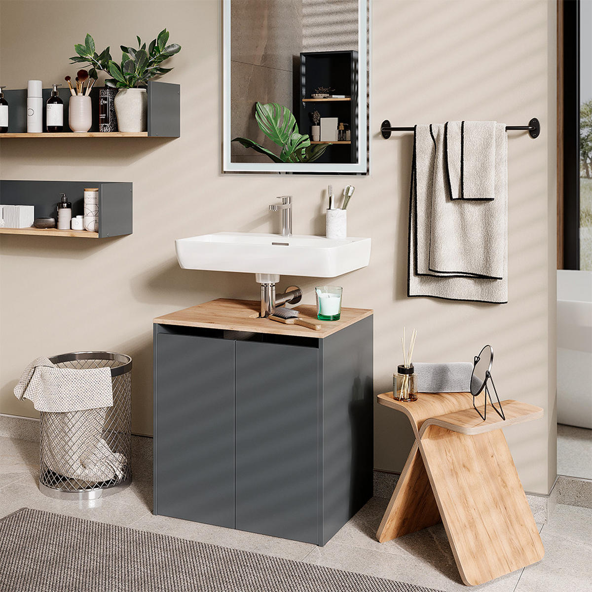 WASCHBECKENUNTERSCHRANK Viktor Anthrazit/Goldkraft Eiche 60.2 x 65 cm - Honigeiche/Anthrazit, Holzwerkstoff (60.2/65/45.5cm) - Vicco