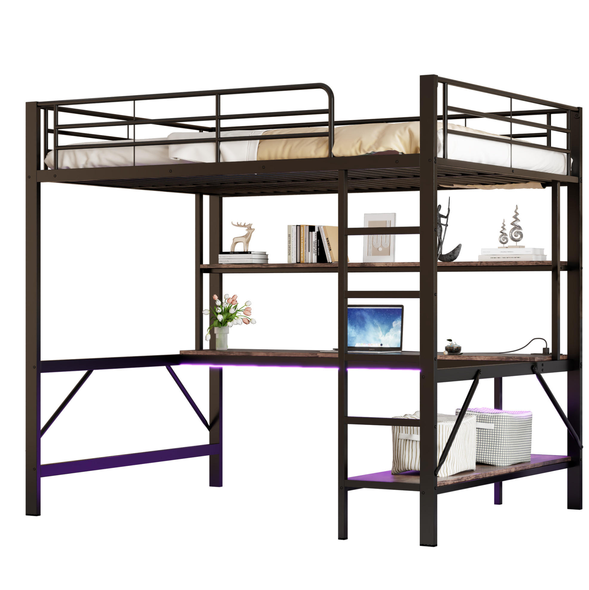 HOCHBETT 140/200 cm aus Metall mit Schreibtisch und LED-Beleuchtung Schwarz - Schwarz, Metall (140/200cm) - Modenvie